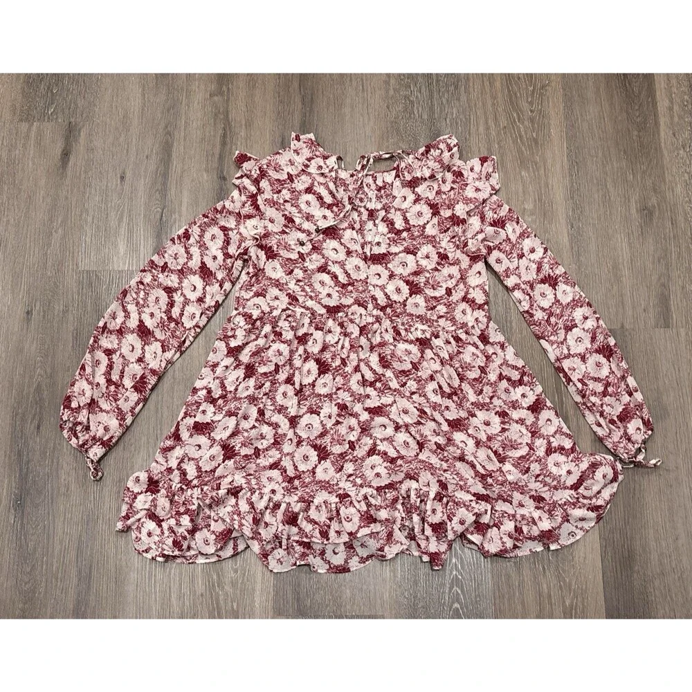 Free People Floral Mini Dress Small Red White Pleated Ruffle Hem Boho Festival